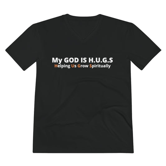 My GOD IS HUGS Unisex Lightweight V-Neck Tee Blk/Org