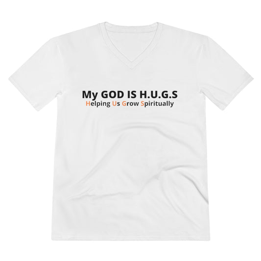 MY GOD IS HUGS Unisex Lightweight V-Neck Tee Blk/Org